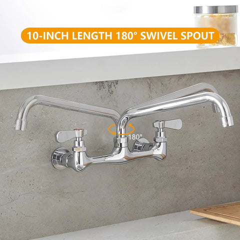 Heavy Duty Wall Mount Utility Sink Faucet With 10 Inch Chrome Swivel Spout, 2-Handle Bar Style Mixer Tap For Laundry And Kitchen