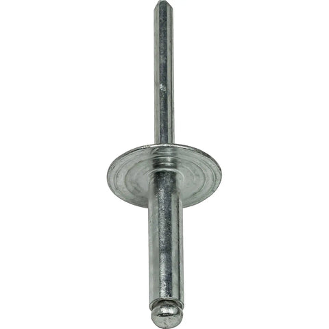 Large Flange Pop Rivets 3/16 in x 3/4 in Aluminum, 50 Pack Heavy-Duty Open-End Fasteners, corrosion-resistant, side view.