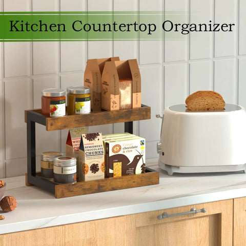Two Tier Countertop Spice Rack Organizer In Rustic Brown Wood Finish with jars and boxes on kitchen counter next to toaster.