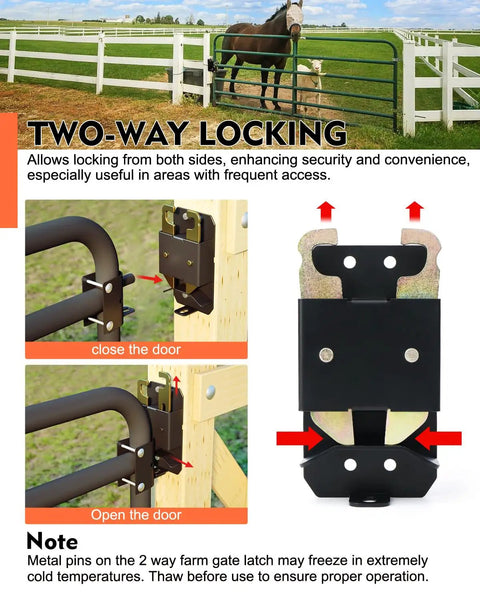 Two Way Locking mechanism of Heavy Duty Two Way Farm Gate Latch With Self Locking Nut, showing close and open positions.