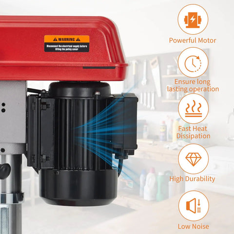 10 Inch Benchtop Drill Press With 5 Amp Variable Speed Motor And Led Light showing powerful motor and cooling features.