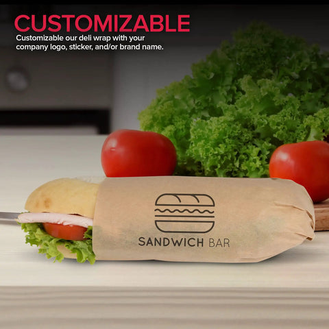Grease Proof Deli Wrappers 12 X 12 Inch, 500 Pack, customizable kraft wax paper wrapped around a sandwich on a counter.