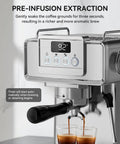 Close-up of Premium 20 Bar Espresso Machine With Sleek Stainless Steel Finish, displaying pre-infusion extraction and brewing process.