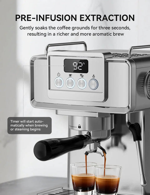 Close-up of Premium 20 Bar Espresso Machine With Sleek Stainless Steel Finish, displaying pre-infusion extraction and brewing process.