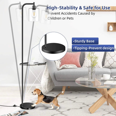 Industrial Floor Lamp With Hanging Glass Shade In Black Farmhouse Vibe, Tall Pole Light, Living Room, Pet Safety, ST64 Bulb
