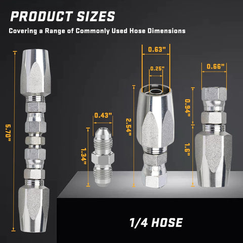 Legines 3-piece hydraulic hose repair kit with reusable fittings for 1/4, 3/8, and 1/2 ID hoses; Amazon chrome fittings