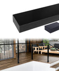 Rectangular Black Aluminum Cable Railing Handrail For Decks Badass Strength And Slick Matte Finish Rock Solid Frame shown with connector on modern patio.