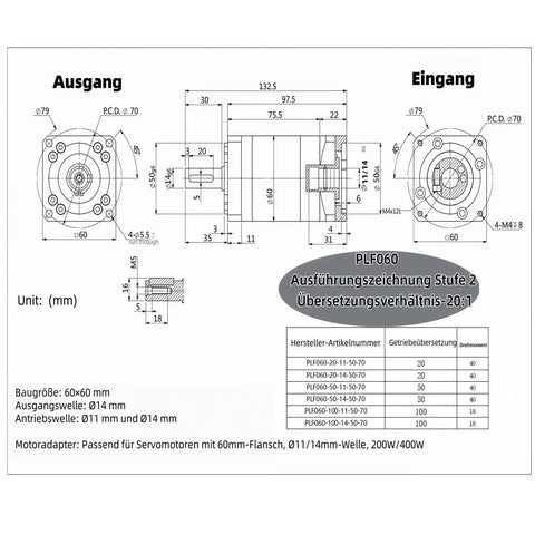 Technical drawing of Planetary Gearbox Gear Reducer 20 To 1 Ratio High Precision Backlash Under 12 Arc-Min 4000 RPM for 60mm servo motors.