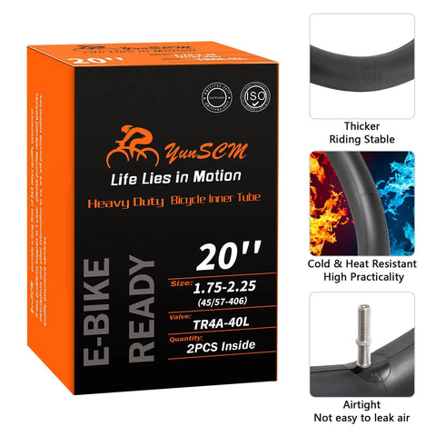 Box and features of Two Pack 20 Inch Heavy Duty Bicycle Tubes With TR4A-40L Schrader Valve, highlighting material and durability.