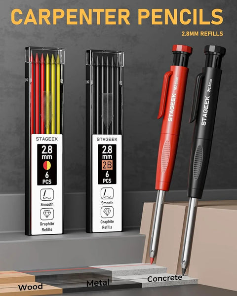 Built Like A Tank Carpenter And Mechanical Pencil Kit Loaded With Multicolor Lead Refills, 2.8mm pencils for precise marking on wood and concrete.