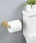 Brushed Gold Toilet Paper Holder And Towel Ring Set All In One Stainless Steel Wall Mount Bathroom Hardware, shown mounted by toilet