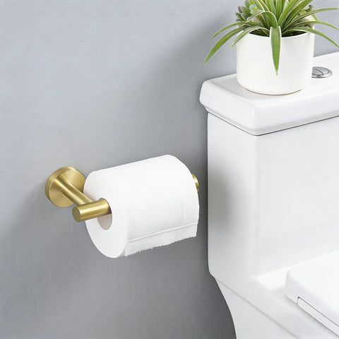 Brushed Gold Toilet Paper Holder And Towel Ring Set All In One Stainless Steel Wall Mount Bathroom Hardware, shown mounted by toilet