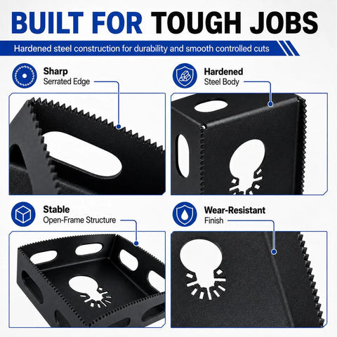 Two Pack Upgrade Pro Grade Drywall Outlet Cutter Set Fast Square and Rectangle Slot Cutters Outlet Boxes Clean Openings in Seconds Reducing Measuring Tracing Drilling Hand Saw Trim with sharp serrated edges, hardened steel body, and open-frame structure for durability and wear resistance.