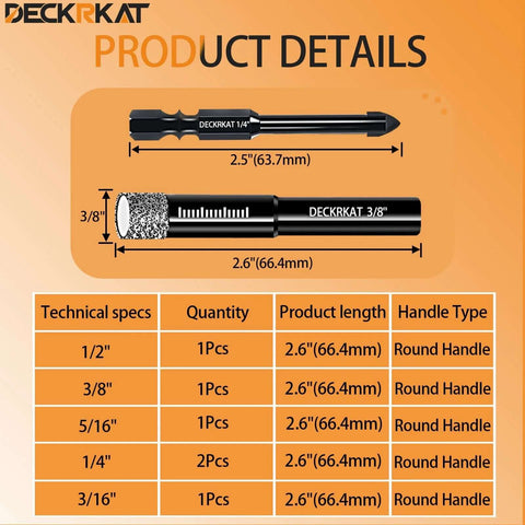 DeckRKAT 7-piece dry diamond and carbide tile drill bit set with masonry bit; includes 1/4" x2, 3/16", 5/16", 3/8", 1/2"
