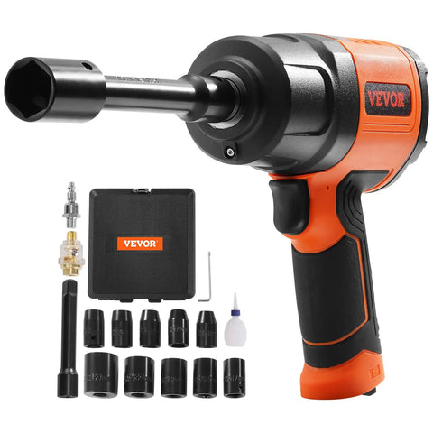 Half Inch Air Impact Wrench With 1400 Ft-Lbs Torque, Ultra Lightweight 4.6 Lbs, shown with 11-piece CR-V socket set and carrying case