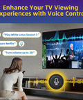 Woman using Rechargeable Voice Remote For Smart TVs With Solar Charging And Voice Search in living room