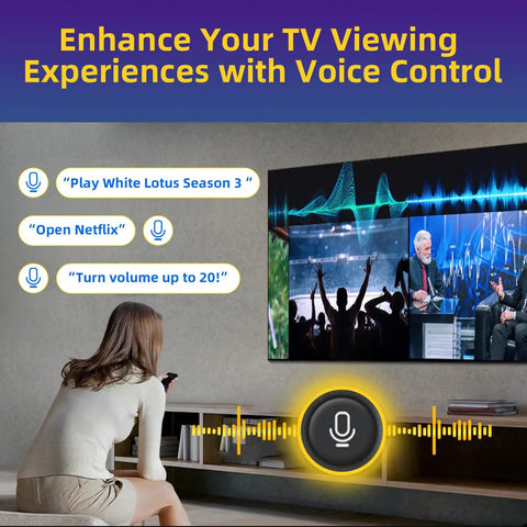 Woman using Rechargeable Voice Remote For Smart TVs With Solar Charging And Voice Search in living room