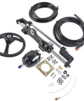 Outboard Boat Steering Kit With 13.5 Inch Aluminum Wheel 18 Foot Hoses And 6.9 MPa 1000 PSI PSI Helm Pump Built Tough For 300HP Boats Smooth No Fuss Steering Easy Install And Marine Grade Durability components displayed including hoses, aluminum wheel, helm pump, connectors and installation parts on white background.