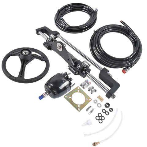 Outboard Boat Steering Kit With 13.5 Inch Aluminum Wheel 18 Foot Hoses And 6.9 MPa 1000 PSI PSI Helm Pump Built Tough For 300HP Boats Smooth No Fuss Steering Easy Install And Marine Grade Durability components displayed including hoses, aluminum wheel, helm pump, connectors and installation parts on white background.