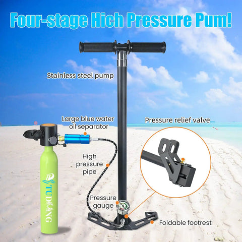 0.5L Portable Scuba Tank With Pump Kit For Casual Divers, showing high pressure pump, relief valve, and stainless steel construction