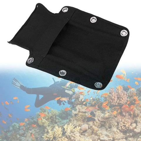 Scuba Backplate Pad Cushion for BCD Harness over coral reef, black nylon with screws visible, designed for saltwater adventures