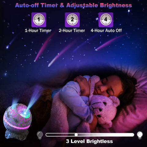 Child sleeping with Dope Galaxy Star Projector Night Light With Remote Control White Noise Bluetooth Speaker 14 Color LED Nebula