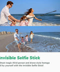 Family using Dope 360 Action Camera Drone View Kit with Invisible Selfie Stick on a beach for 5.7K 360 video.
