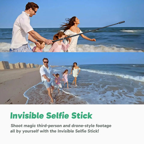 Family using Dope 360 Action Camera Drone View Kit with Invisible Selfie Stick on a beach for 5.7K 360 video.