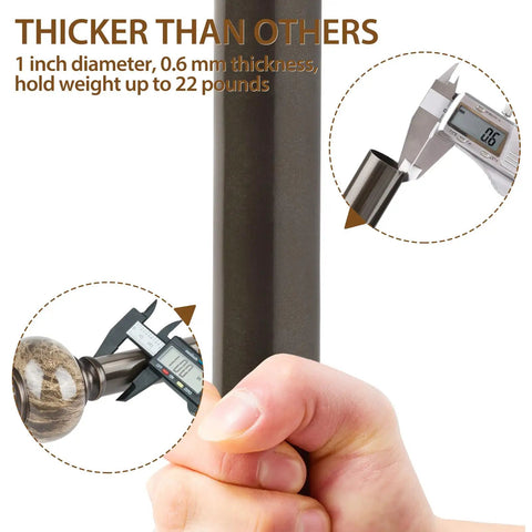 One Inch Curtain Rods With Bronze Finish For Windows Adjustable From 72 To 144 Inches, hand holding rod with caliper measurements