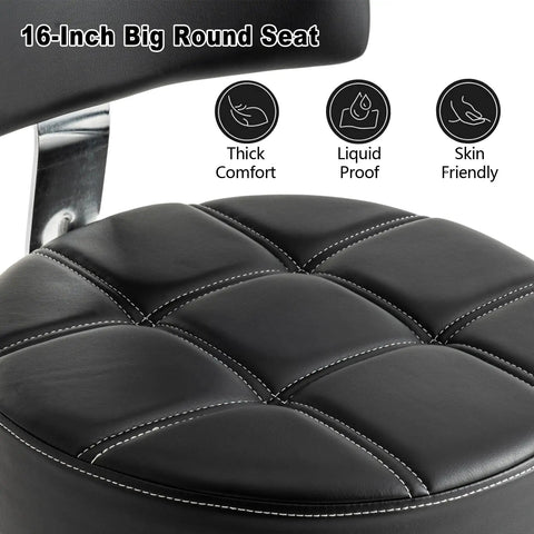 Close-up of the seat on Lockable Boss Ergonomic Rolling Stool With Backrest And Foot Rest, highlighting thick comfort cushion.