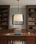 White Linen Empire Lamp Shade With Brass Spider Fitter in a home office setting over a wooden desk