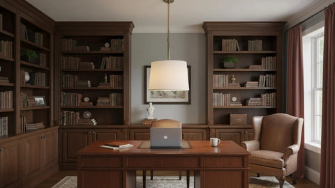 White Linen Empire Lamp Shade With Brass Spider Fitter in a home office setting over a wooden desk