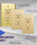 Elite Decorator Receptacle Outlet With Tamper Resistant Self Grounding 15A 125V Gold Finish UL Listed Wall Plate Included Residential Grade Sleek Matte Metallic Look For Homes Offices Condos, showing three gold wall plates in different sizes.
