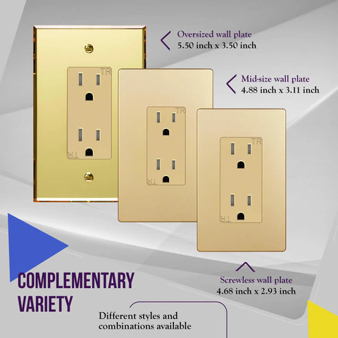Elite Decorator Receptacle Outlet With Tamper Resistant Self Grounding 15A 125V Gold Finish UL Listed Wall Plate Included Residential Grade Sleek Matte Metallic Look For Homes Offices Condos, showing three gold wall plates in different sizes.