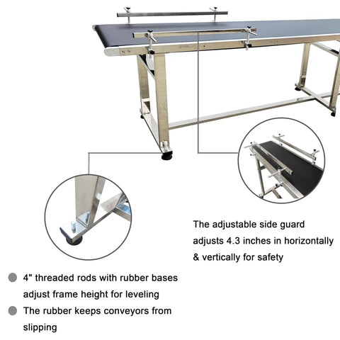 Close-up of PVC Belt Conveyor With Stainless Steel Frame Heavy Duty 177 Inch Long By 11.8 Inch Wide with adjustable side guard.