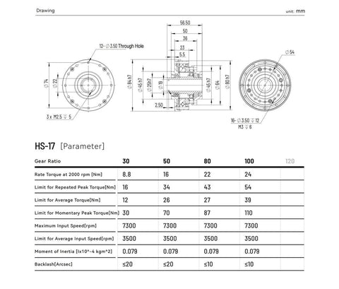 Technical drawing of Harmonic Drive Reducer HS-17-II Strain Wave Gearbox with gear ratio specifications and dimensions for servo motors.