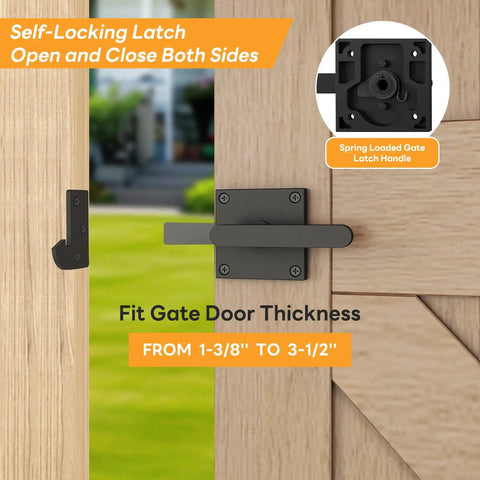 Double Sided Gate Latch For Right Inswing Gates, Self Locking, Handles On Both Sides, Black Finish, Easy Spring Loaded Privacy Lock For Quick, No Fuss Outdoor Gate Security, fits 1-3/8 to 3-1/2 in