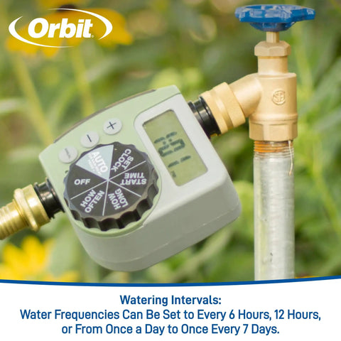 One-Outlet Single-Dial Hose Faucet Timer with LCD display attached to faucet for automated garden watering system.