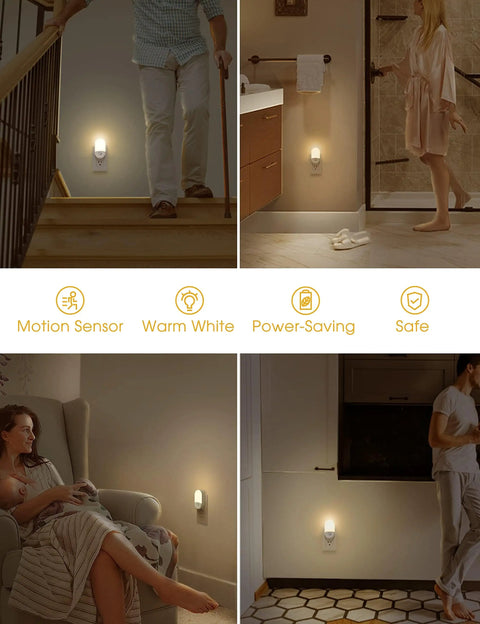 4 Pack Plug In Motion Sensor Night Light With 3000K Warm White in various room settings showcasing motion activation and soft glow