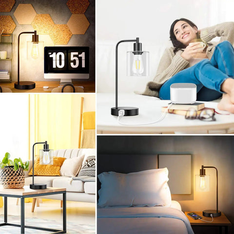Set Of 2 Industrial Touch Control Table Lamps With 2 USB Ports And AC Outlet in various settings and uses