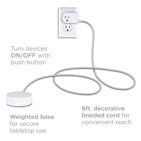 Braided Extension Cord With On Off Switch, 6 Ft Power Cable With 3 Prong Plug, Slip Resistant Base, Tabletop Or Wall Mountable, Tangle Free And Plug And Play Ready For Lamps And Holiday Lights, White And Gray 41095, shown plugged into wall outlet