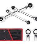 4 In 1 Reversible Ratchet Wrench Set 8 To 19 mm With 72 Tooth Precision Gear in CRV Steel, shown with storage bag and close-up ends