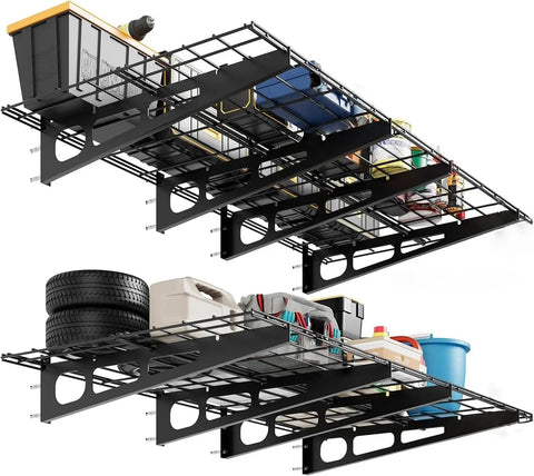 Rock Solid Wall Mounted Garage Shelf 2 Pack 2X6 Ft Heavy Duty Metal Storage Rack Holds 1600 Lbs Total Weight For Shop And Shed Clutter Free Organization Black Steel Finish