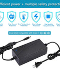 DC 12V 5A Power Supply Adapter Transformer with 100 to 240V AC Input and 5.5x2.5mm DC Output Jack displayed with safety icons
