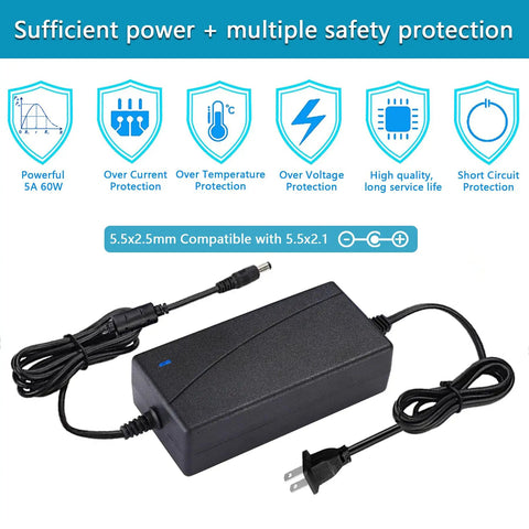 DC 12V 5A Power Supply Adapter Transformer with 100 to 240V AC Input and 5.5x2.5mm DC Output Jack displayed with safety icons