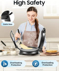 Woman using 1200W Electric Roti Maker Automatically Presses Chapati Naan And Tortillas for cooking flatbread in kitchen.