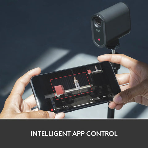 Mevo Start Wireless Streaming Cam With Legit 1080P HD Clarity shown with phone app for live video control.