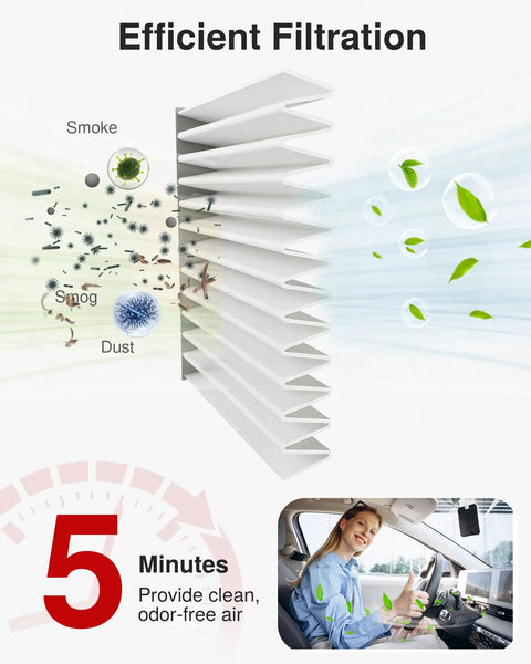 Diagram of multi-layer air filter illustrating dust and odor removal, highlighting the benefit of clean air in five minutes.