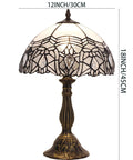 Tiffany Style Stained Glass Table Lamp With White Bent Shade 12 Inch Shade 18 Inch Tall Lit Bedside Desk Reading Light Antique Green Bronze Base UL Listed Decor For Bedroom Living Room Home Office