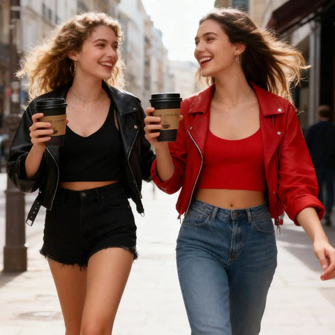 Two women walking with Heavy Duty 16 Oz Disposable Coffee Cups With Lids Sleeves And Straws 100 Pack Thickened Leak Proof Insulated Paper Cups